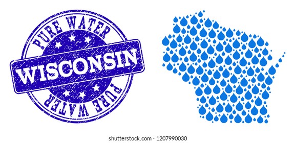 Map of Wisconsin State vector mosaic and Pure Water grunge stamp. Map of Wisconsin State formed with blue water drops. Seal with corroded rubber texture for pure drinking water.