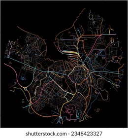 Map of Wismar, Mecklenburg-Western Pomerania with all major and minor roads, railways and waterways. Colorful line art on black background.