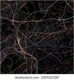 Map of Witten, North Rhine-Westphalia with all major and minor roads, railways and waterways. Colorful line art on black background.