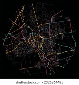 Map of Wolfenbuttel, Lower Saxony with all major and minor roads, railways and waterways. Colorful line art on black background.