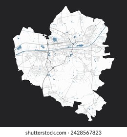 Karte von Wolfsburg, Deutschland. Detaillierte Stadt-Vektor-Karte, Metropolregion mit Grenze. Straßenplan mit Straßen und Wasser.