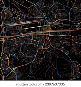 Karte Wolfsburg, Niedersachsen mit allen wichtigen und kleineren Straßen, Eisenbahnen und Wasserstraßen. Farbige Linienkunst auf schwarzem Hintergrund.