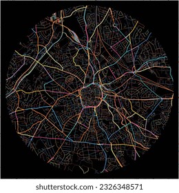 Map of Wolverhampton, West Midlands with all major and minor roads, railways and waterways. Colorful line art on black background.