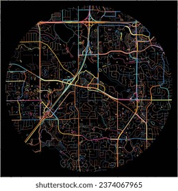 Map of Woodbury, Minnesota with all major and minor roads, railways and waterways. Colorful line art on black background.