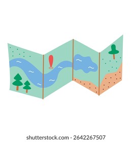 Map of wooded area with destination point for tourist hiking trip. Hand drawn illustration of paper layout with trees, river, lake. Vector graphics