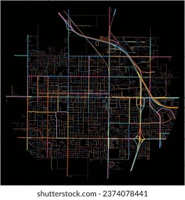 Map of Woodland, California with all major and minor roads, railways and waterways. Colorful line art on black background.