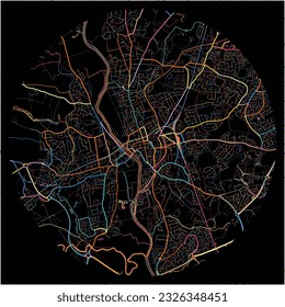 Map of Worcester, West Midlands with all major and minor roads, railways and waterways. Colorful line art on black background.