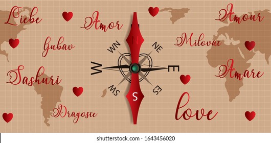 map with the word love in several languages, in the center some hands of a compass, with red hearts