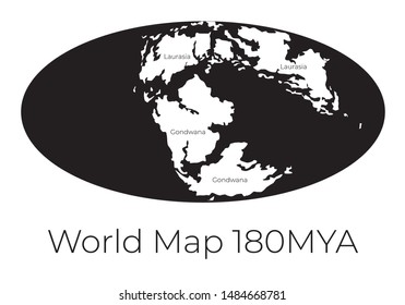 Map of the World 180MYA. Monochrome vector illustration of Worldmap with white continents and black oceans isolated on white background. Prehistoric projection. Silhouette. Element for your design.