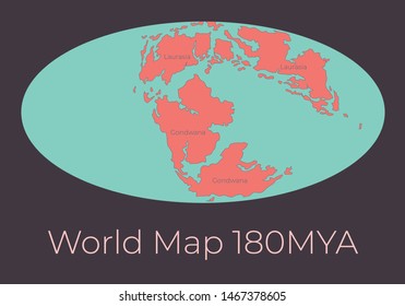 Map of the World 180MYA. Vector illustration of Worldmap with red continents and turquoise oceans isolated on dark grey background. Projection. Prehistoric Earth map. Element for your design.
