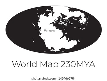 Map of the World 230MYA. Monochrome vector illustration of Worldmap with white continents and black oceans isolated on white background. Prehistoric projection. Silhouette. Element for your design.