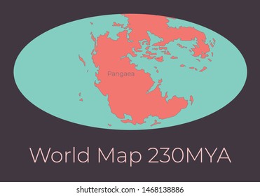 Map of the World 230MYA. Vector illustration of Worldmap with red continents and turquoise oceans isolated on dark grey background. Projection. Prehistoric Earth map. Element for your design.