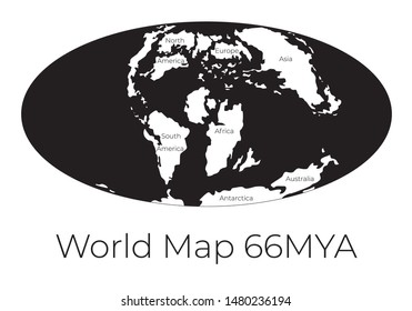 Map of the World 66MYA. Monochrome vector illustration of Worldmap with white continents and black oceans isolated on white background. Prehistoric projection. Silhouette. Element for your design.
