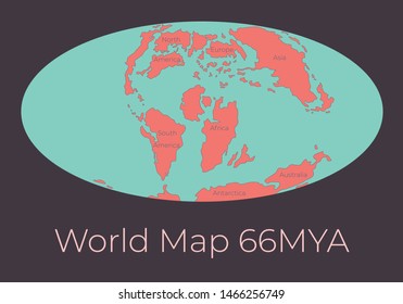 Map of the World 66MYA. Vector illustration of Worldmap with red continents and turquoise oceans isolated on dark grey background. Projection. Prehistoric Earth map. Element for your design.