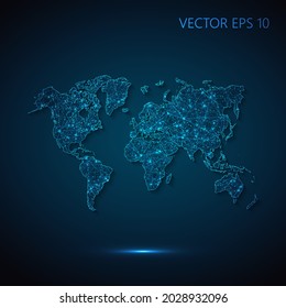 Map of World abstract illustration of global social communication, polygonal map with connecting dots and lines. Vector illustration eps 10.