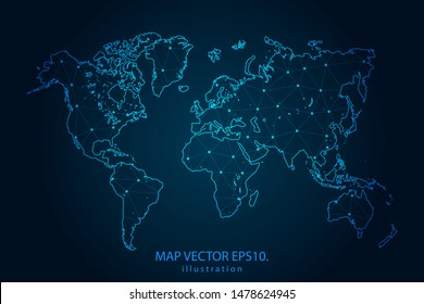 map of world with Abstract mash line and point scales on Dark background . Wire frame 3D mesh polygonal network line, design polygon sphere, dot and structure. Vector illustration eps 10.