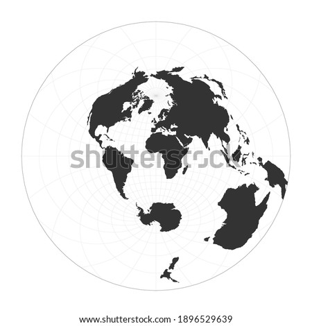Map of The World. Airy's minimum-error azimuthal projection. Globe with latitude and longitude net. World map on meridians and parallels background. Vector illustration.