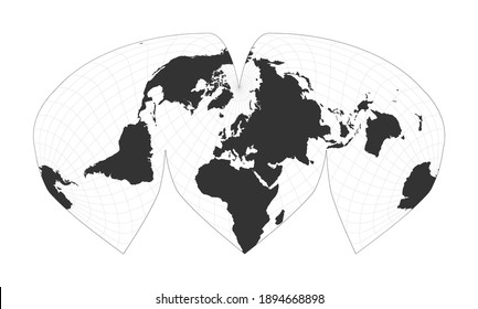 Map of The World. Alan K. Philbrick's interrupted sinu-Mollweide projection. Globe with latitude and longitude net. World map on meridians and parallels background. Vector illustration.