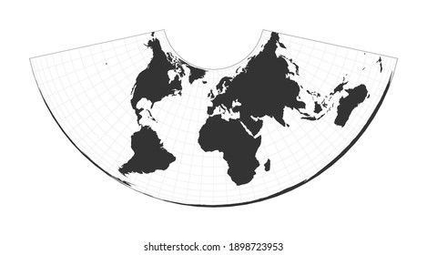 Map of the World. Albers conic equal-area projection. Globe with latitude and longitude net. World map on meridians and parallels background. Vector illustration.