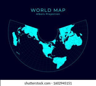 Map of the World. Albers equal-area conic projection. Futuristic Infographic world illustration. Bright cyan colors on dark background. Artistic vector illustration.