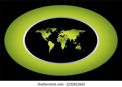 Map of the world and all continents in an elliptical frame