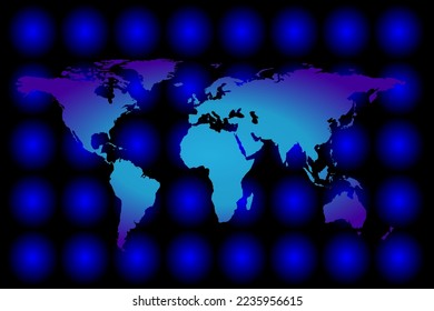 Map of the world and all continents on a black background with shiny circles