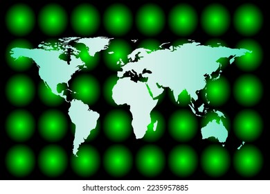 Mapa del mundo y de todos los continentes sobre un fondo negro con círculos brillantes