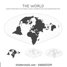Map of the World. Allen K. Philbrick's Sinu-Mollweide projection. Globe with latitude and longitude lines. World map on meridians and parallels background. Vector illustration.