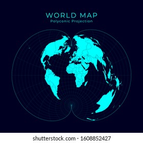 Map of the World. American polyconic projection. Futuristic infographic world illustration. Bright cyan colors on dark background. Powerful vector illustration.