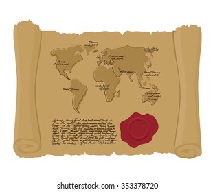 Map world of ancient scroll with seal of King. Old document. Archaic treasure plan. Abstract handwritten text. Antique manuscript with mainlands. Geographic