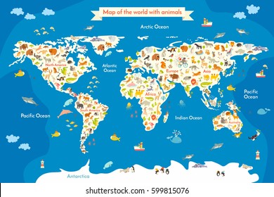 Map of the World with animals. Beautiful colorful vector illustration with the inscription of the oceans and continents. Preschool, for baby, children, kids and all people