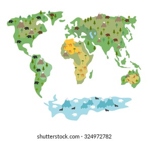 Map of world with animals and trees. Geographic globe with flora and fauna. Conditional cartoon with bears and kangaroos. Earth Atlas continents and oceans