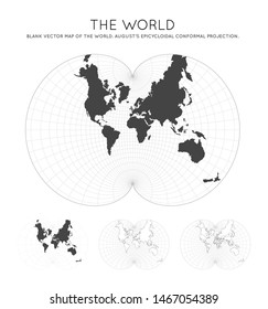 Map of The World. August's epicycloidal conformal projection. Globe with latitude and longitude lines. World map on meridians and parallels background. Vector illustration.