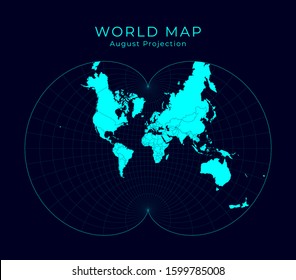 Map of the World. August's epicycloidal conformal projection. Futuristic infographic world illustration. Bright cyan colors on dark background. Attractive vector illustration.