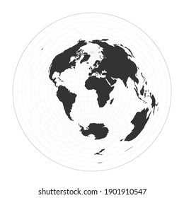 Map of The World. Azimuthal equidistant projection. Globe with latitude and longitude net. World map on meridians and parallels background. Vector illustration.