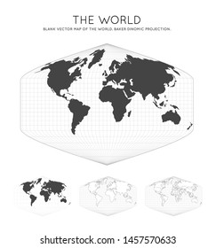Map of the World. Baker Diomorphic projection. Globe with latitude and longitude lines. World map on meridians and parallels background. Vector illustration.