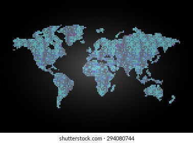 map of the world blue black pixel background. vector illustration. dot. table. square. Mosaic. ingographics. background for computer graphic website internet and technology.