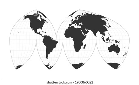 Map of the World. Boggs' interrupted eumorphic projection. Globe with latitude and longitude net. World map on meridians and parallels background. Vector illustration.