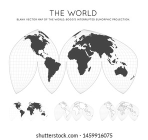 Map of the World. Boggs's interrupted eumorphic projection. Globe with latitude and longitude lines. World map on meridians and parallels background. Vector illustration.