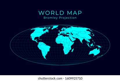 Map of the World. Bromley projection. Futuristic Infographic world illustration. Bright cyan colors on dark background. Elegant vector illustration.