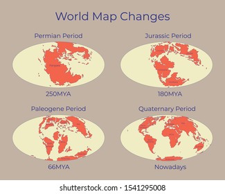 Map of the World and changes in different geological periods. Colorful vector illustration of Worldmap with names of continents isolated on background. 250mya, 180mya, 66mya and nowadays projections.