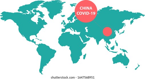Map of the world with China highlighted as the centre of the outbreak