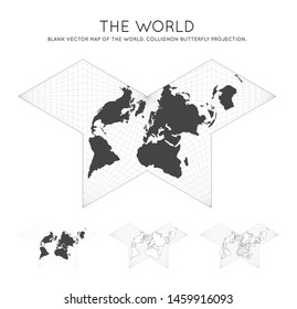 Map of the World. Collignon butterfly projection. Globe with latitude and longitude lines. World map on meridians and parallels background. Vector illustration.