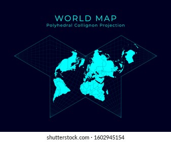 Map of the World. Collignon butterfly projection. Futuristic infographic world illustration. Bright cyan colors on dark background. Stylish vector illustration.