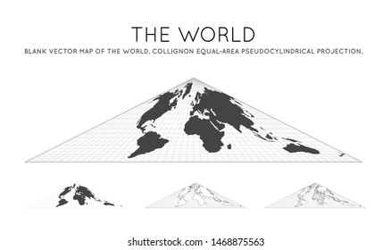 Map of the World. Collignon equal-area pseudocylindrical projection. Globe with latitude and longitude lines. World map on meridians and parallels background. Vector illustration.