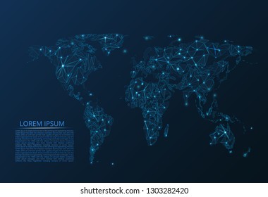 Map of the world communication network. Vector low-poly image of a global map with lights in the form of cities of the world or population density consisting of points and figures in the form of stars