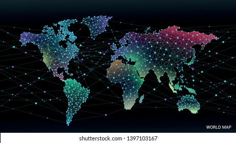 Map of the world communication network. Wire frame 3D mesh polygonal network line, design sphere, dot and structure. Global travel geography and connect, continent. Future dark background. 