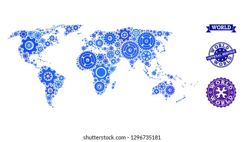 Map of world composed with blue cog symbols, and isolated grunge stamps for official repair services. Vector abstract collage of map of world with work symbols in blue color tinges.