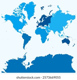 Map of World with continents. Just a simple border map with continent division. Light blue color palette. Blank World shape with administrative division. Vector illustration.