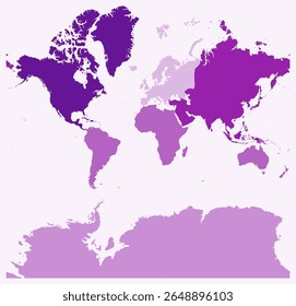 Mapa do Mundo com continentes. Apenas um simples mapa de fronteira com divisão de continente. Paleta de cores roxas. Forma Mundo Plano com divisão administrativa. Ilustração vetorial.